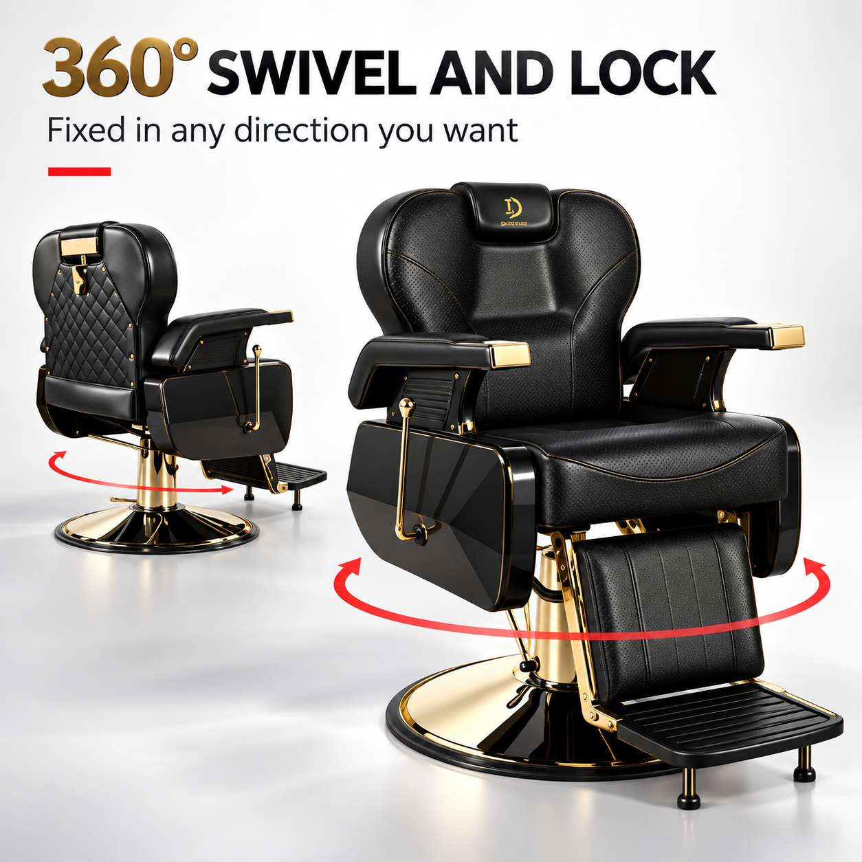 Luxury Black & Gold Hydraulic Barber Chair – Reclining Professional Salon Chair with Adjustable Headrest & Footrest