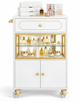 Professional Salon Storage Trolley with Glass Display Cabinet, Drawer & Lockable Wheels – White & Gold