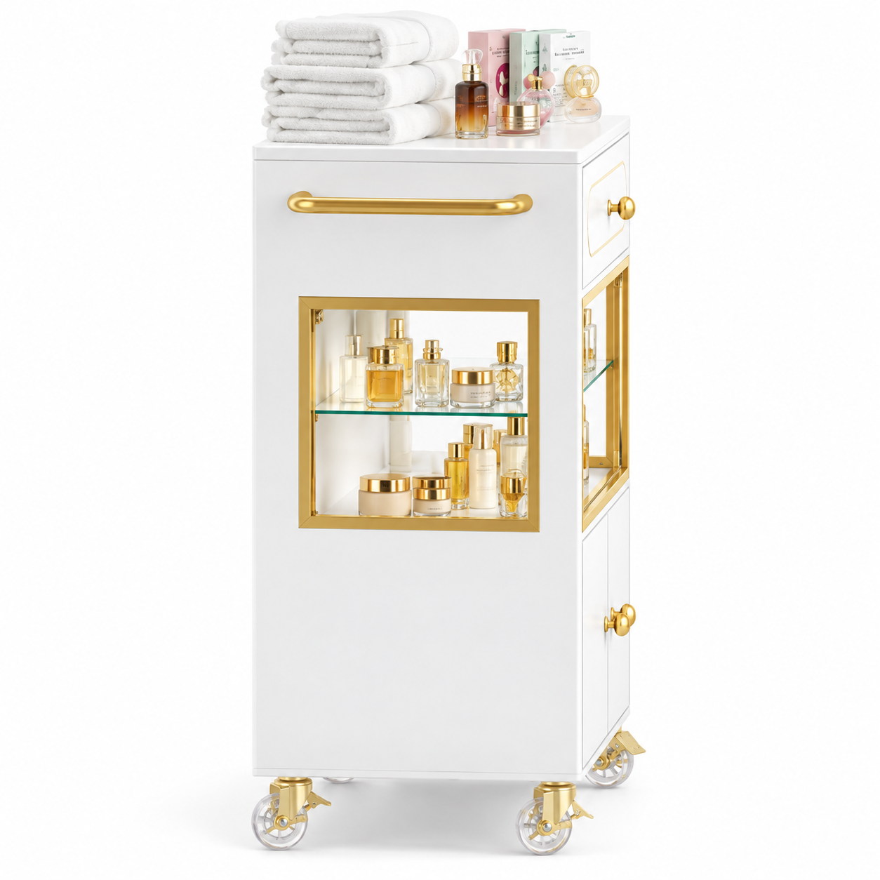 Professional Salon Storage Trolley with Glass Display Cabinet, Drawer & Lockable Wheels – White & Gold