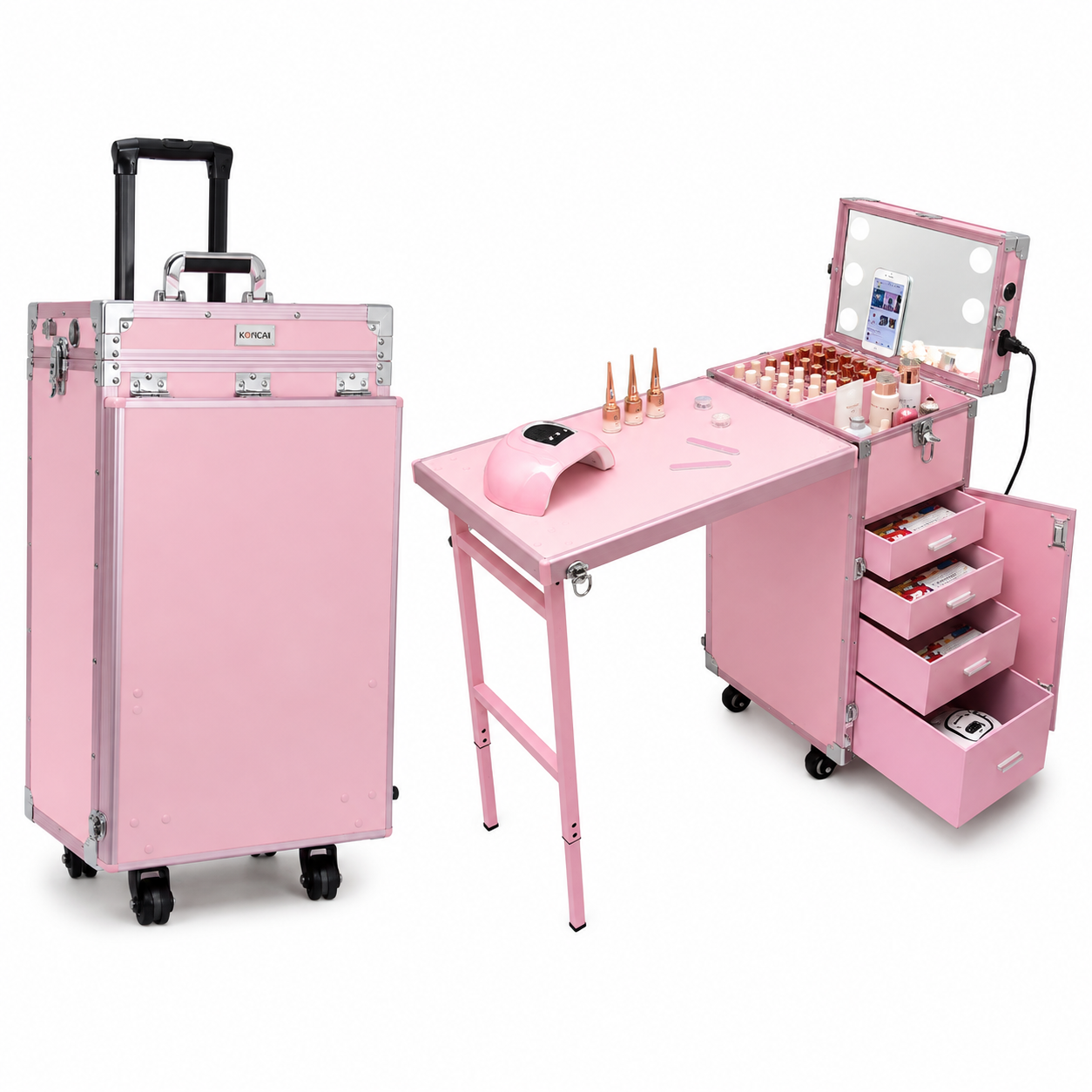 Professional Rolling Manicure Table – Foldable Nail Tech Desk with 4 Drawers & Travel Case