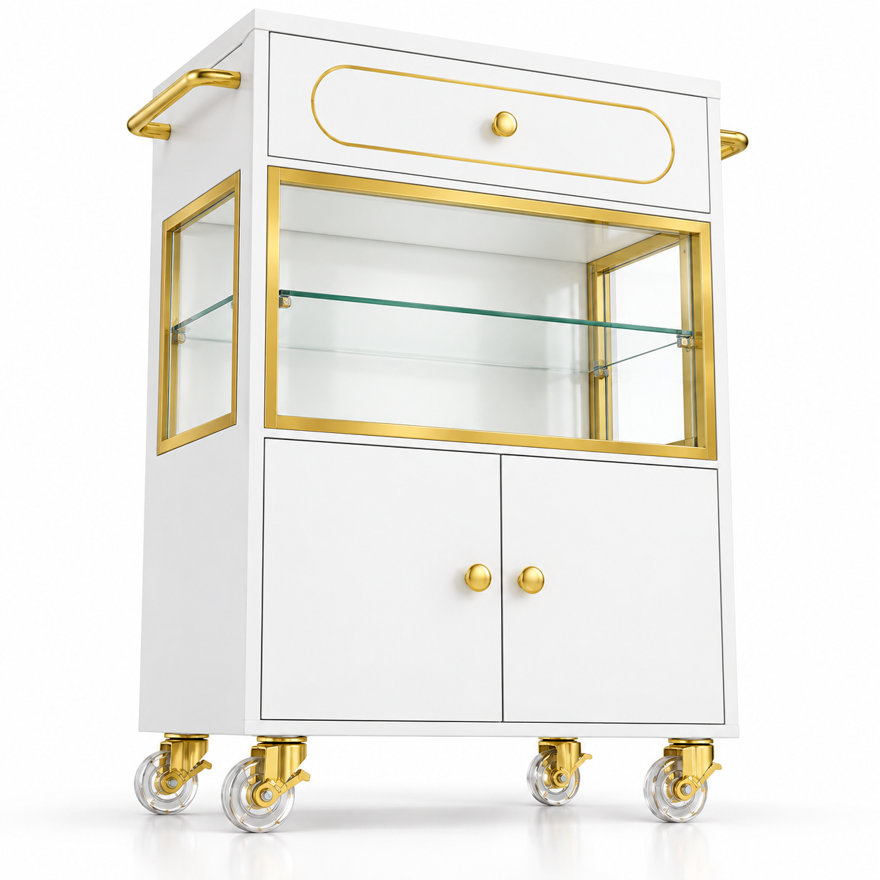 Professional Salon Storage Trolley with Glass Display Cabinet, Drawer & Lockable Wheels – White & Gold