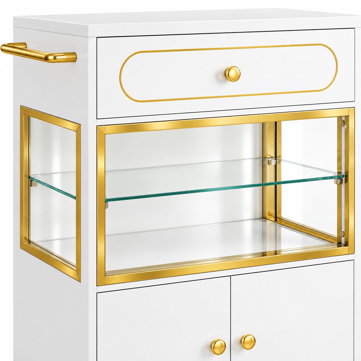 Professional Salon Storage Trolley with Glass Display Cabinet, Drawer & Lockable Wheels – White & Gold